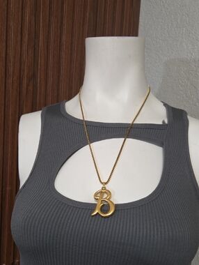 Gold Initial 'B' Pendant Necklace - Women Jewelry SG Charcoal Cut-Out Top & Gold